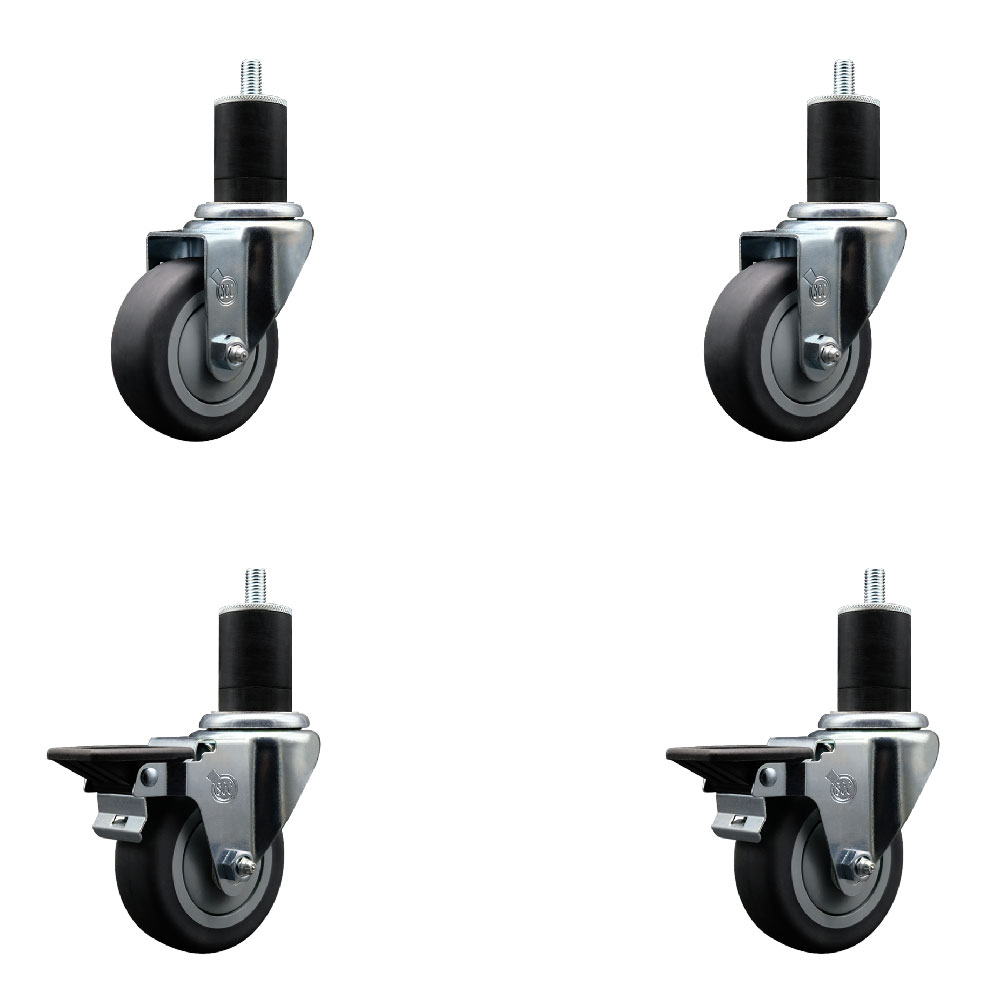 Thermoplastic Rubber Swivel Expanding Stem Caster Set of 4 with 3.5 Inch Gray Wheels and 1-3/4" Stems - Includes 2 with Posi Locking Brakes - 920 lbs Total Capacity - Service Caster Brand — photo 1