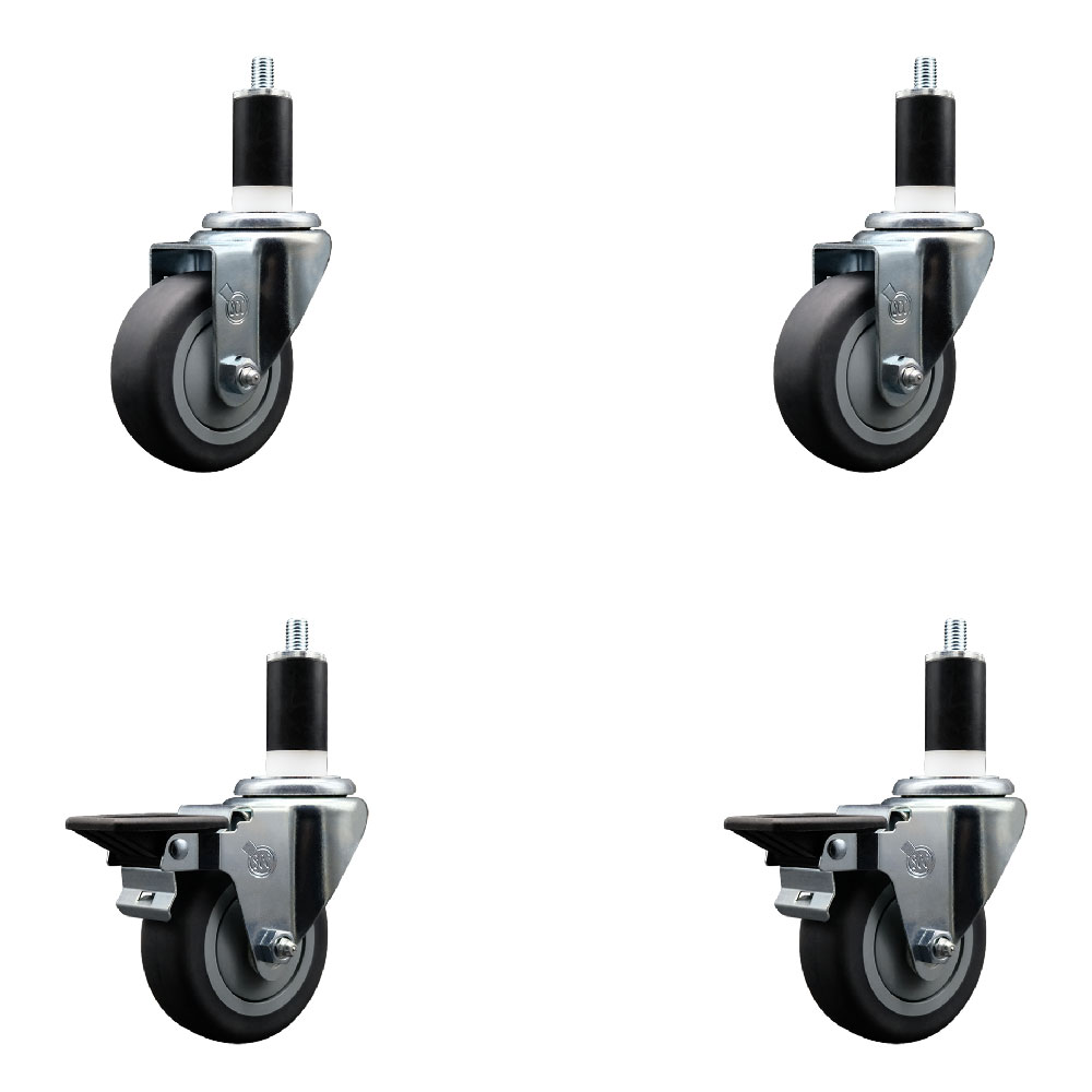 Thermoplastic Rubber Swivel Expanding Stem Caster Set of 4 with 3.5 Inch Gray Wheels and 1-3/8" Stems - Includes 2 with Posi Locking Brakes - 920 lbs Total Capacity - Service Caster Brand — photo 1