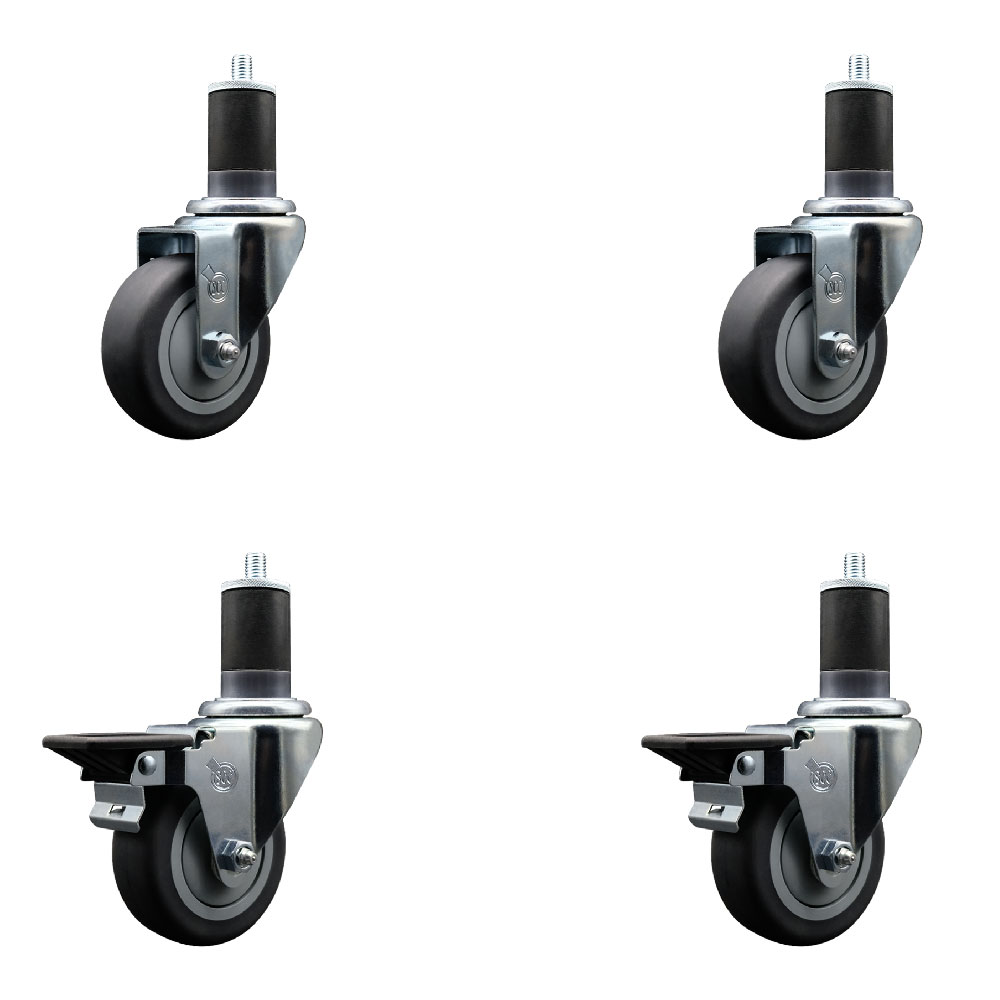 Thermoplastic Rubber Swivel Expanding Stem Caster Set of 4 with 3.5 Inch Gray Wheels and 1-5/8" Stems - Includes 2 with Posi Locking Brakes - 920 lbs Total Capacity - Service Caster Brand — photo 1
