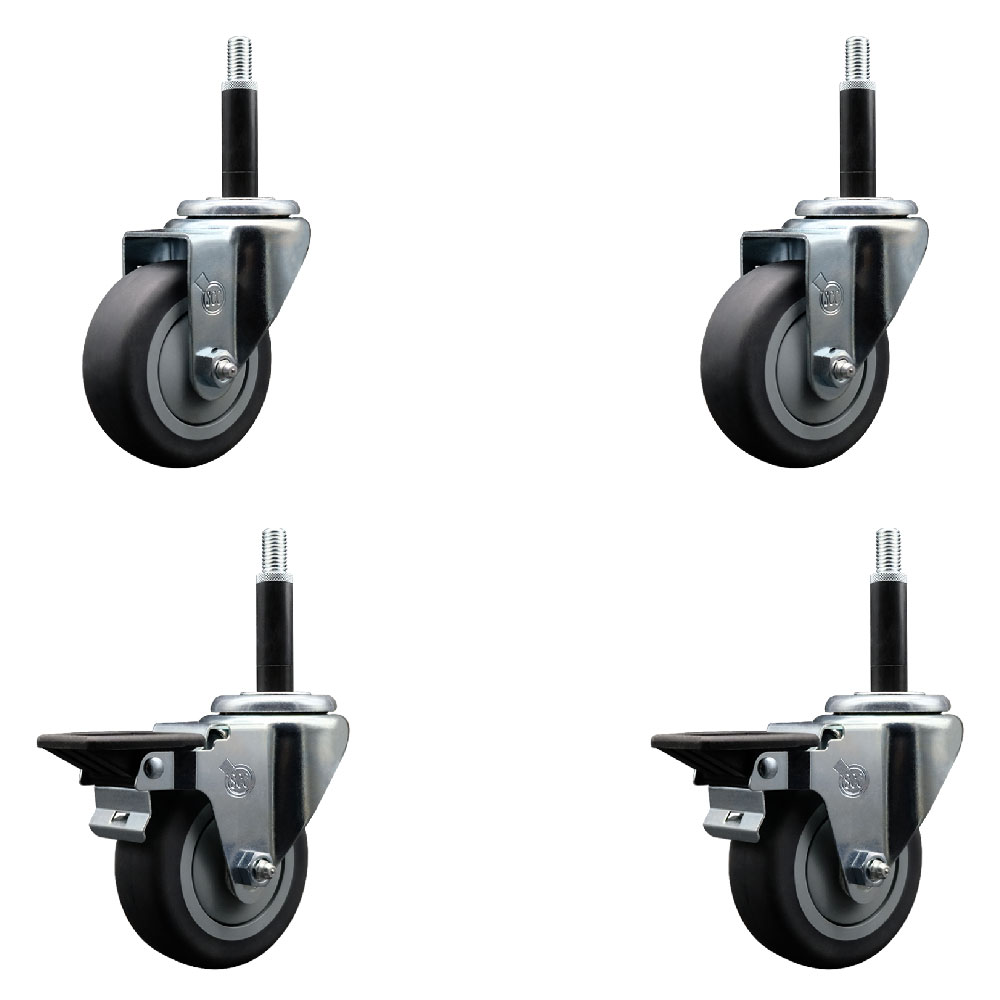Thermoplastic Rubber Swivel Expanding Stem Caster Set of 4 with 3.5 Inch Gray Wheels and 3/4" Stems - Includes 2 with Posi Locking Brakes - 920 lbs Total Capacity - Service Caster Brand — photo 1