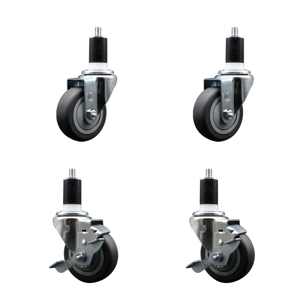 Stainless Steel Thermoplastic Rubber Swivel Expanding Stem Caster Set of 4 with 3.5 Inch Gray Wheels and 1-1/2" Stems - 2 with Top Locking Brakes - 920 lbs Total Capacity - Service Caster Brand — photo 1