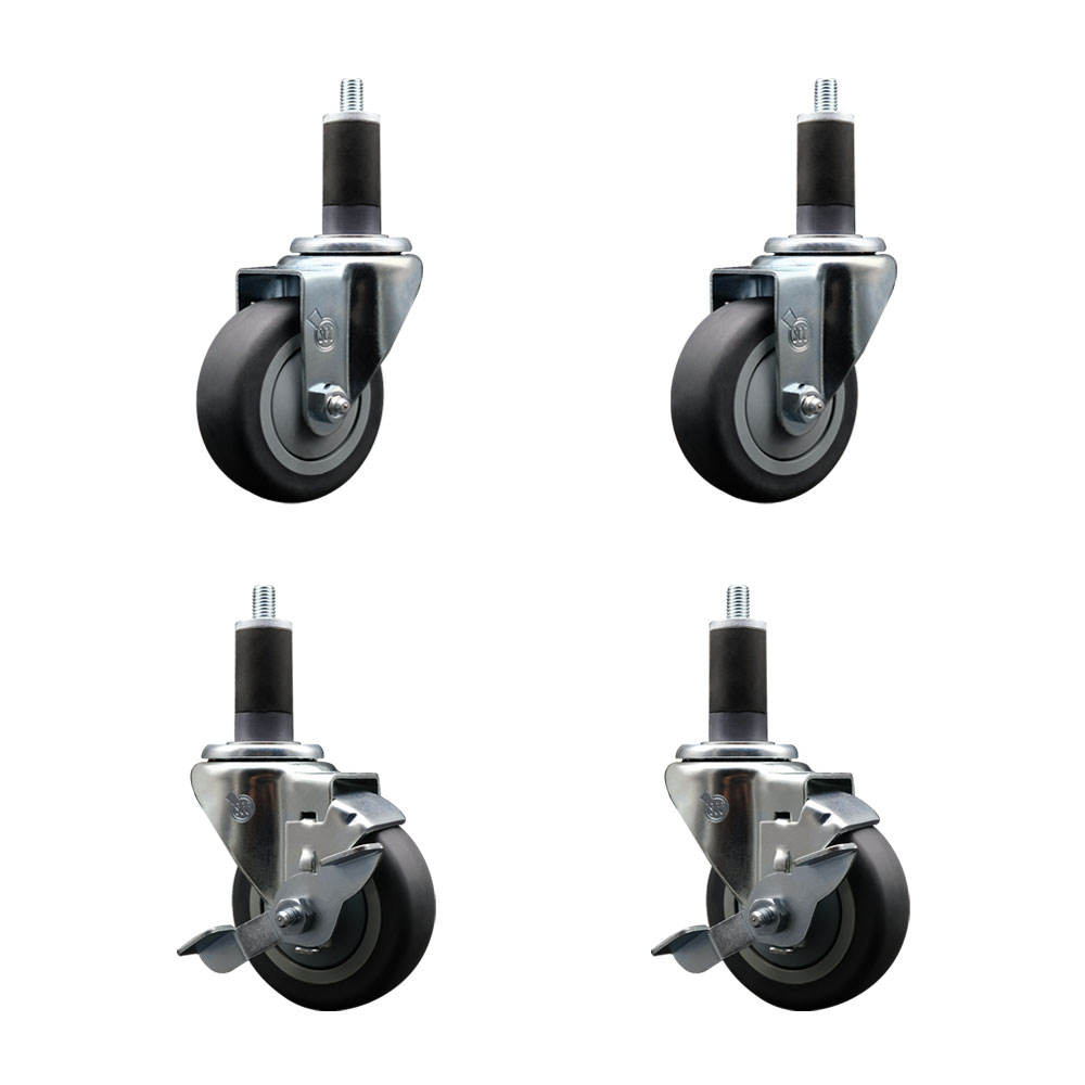 Stainless Steel Thermoplastic Rubber Swivel Expanding Stem Caster Set of 4 with 3.5 Inch Gray Wheels and 1-1/4" Stems - 2 with Top Locking Brakes - 920 lbs Total Capacity - Service Caster Brand — photo 1