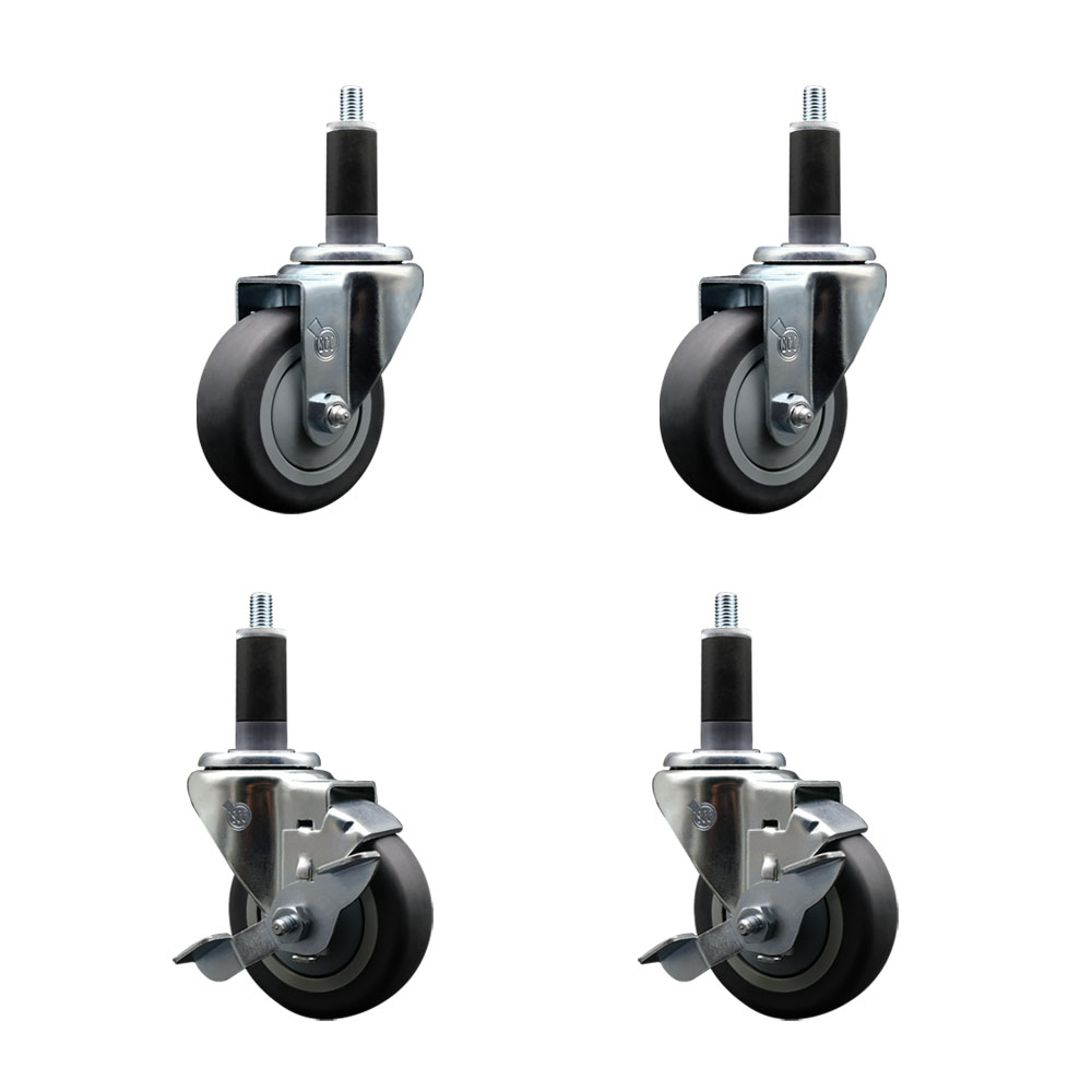 Stainless Steel Thermoplastic Rubber Swivel Expanding Stem Caster Set of 4 with 3.5 Inch Gray Wheels and 1-1/8" Stems - 2 with Top Locking Brakes - 920 lbs Total Capacity - Service Caster Brand — photo 1
