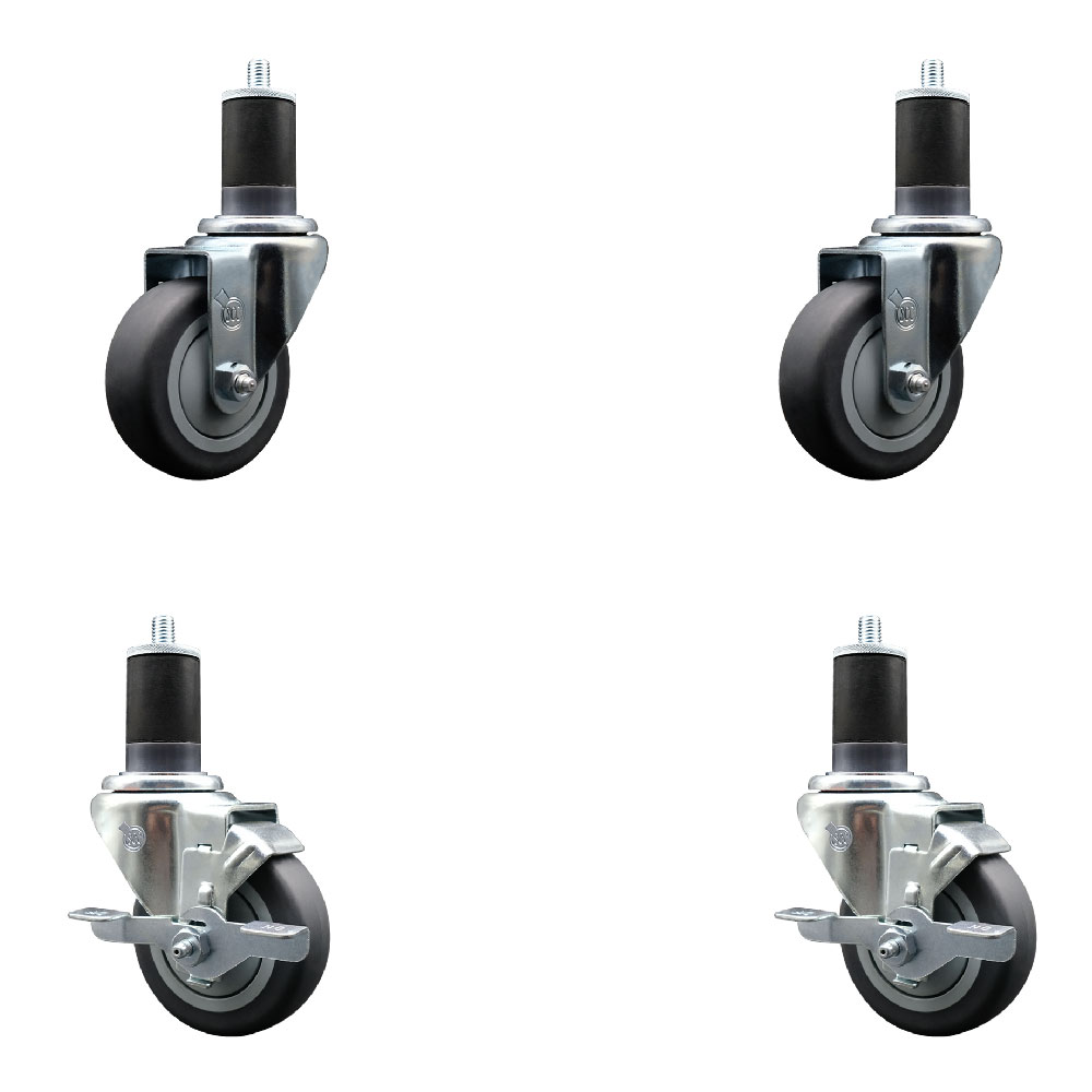 Stainless Steel Thermoplastic Rubber Swivel Expanding Stem Caster Set of 4 with 3.5 Inch Gray Wheels and 1-5/8" Stems - 2 with Top Locking Brakes - 920 lbs Total Capacity - Service Caster Brand — photo 1