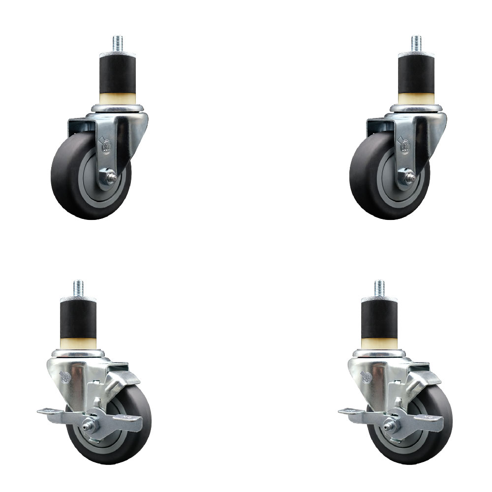Stainless Steel Thermoplastic Rubber Swivel Expanding Stem Caster Set of 4 with 3.5 Inch Gray Wheels and 1-7/8" Stems - 2 with Top Locking Brakes - 920 lbs Total Capacity - Service Caster Brand — photo 1