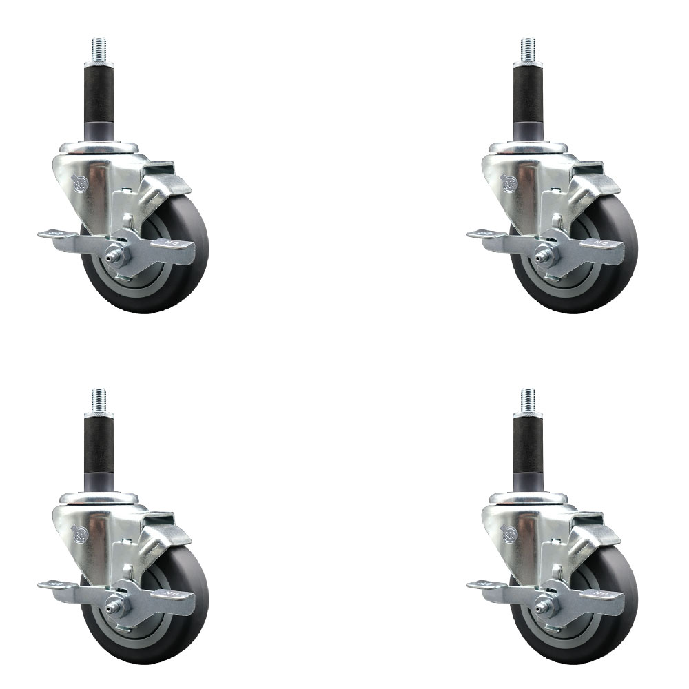 Stainless Steel Thermoplastic Rubber Swivel Expanding Stem Caster Set of 4 with 3.5 Inch Gray Wheels and 1" Stems-4 Swivel with Top Locking Brakes-230 lbs. Capacity Per Caster-Service Caster Brand — photo 1