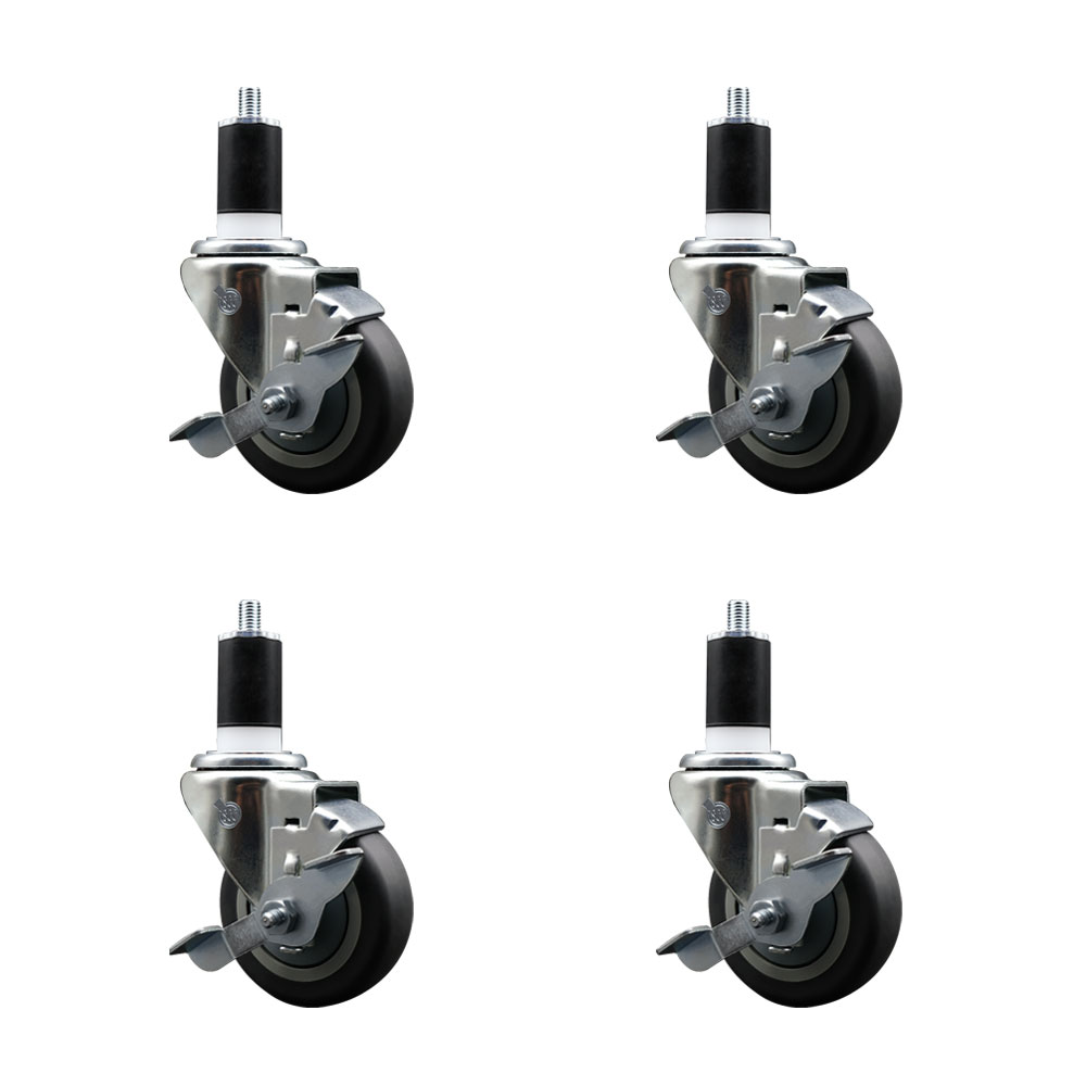 Stainless Steel Thermoplastic Rubber Swivel Expanding Stem Caster Set of 4 with 3.5 Inch Gray Wheels and 1-1/2" Stems-4 Swivel with Top Locking Brakes-230 lbs. Capacity Per Caster-Service Caster Brand — photo 1