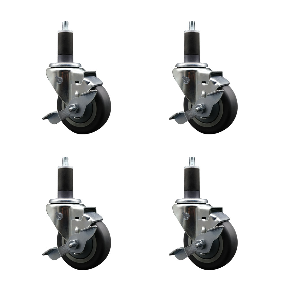 Stainless Steel Thermoplastic Rubber Swivel Expanding Stem Caster Set of 4 with 3.5 Inch Gray Wheels and 1-1/4" Stems-4 Swivel with Top Locking Brakes-230 lbs. Capacity Per Caster-Service Caster Brand — photo 1