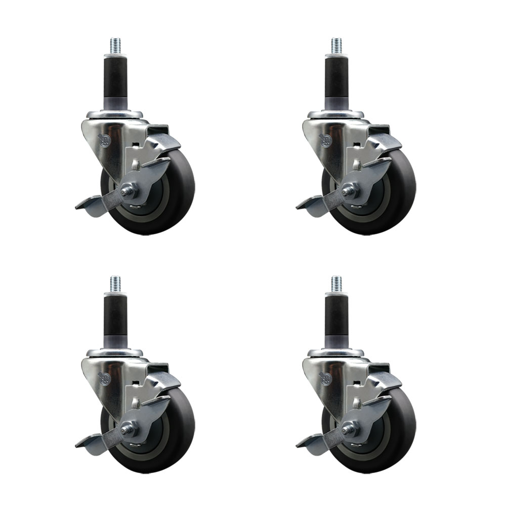 Stainless Steel Thermoplastic Rubber Swivel Expanding Stem Caster Set of 4 with 3.5 Inch Gray Wheels and 1-1/8" Stems-4 Swivel with Top Locking Brakes-230 lbs. Capacity Per Caster-Service Caster Brand — photo 1