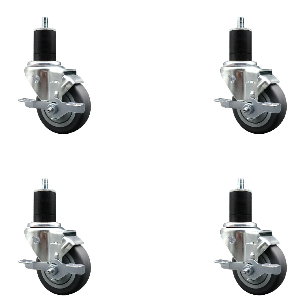 Stainless Steel Thermoplastic Rubber Swivel Expanding Stem Caster Set of 4 with 3.5 Inch Gray Wheels and 1-3/4" Stems-4 Swivel with Top Locking Brakes-230 lbs. Capacity Per Caster-Service Caster Brand — photo 1