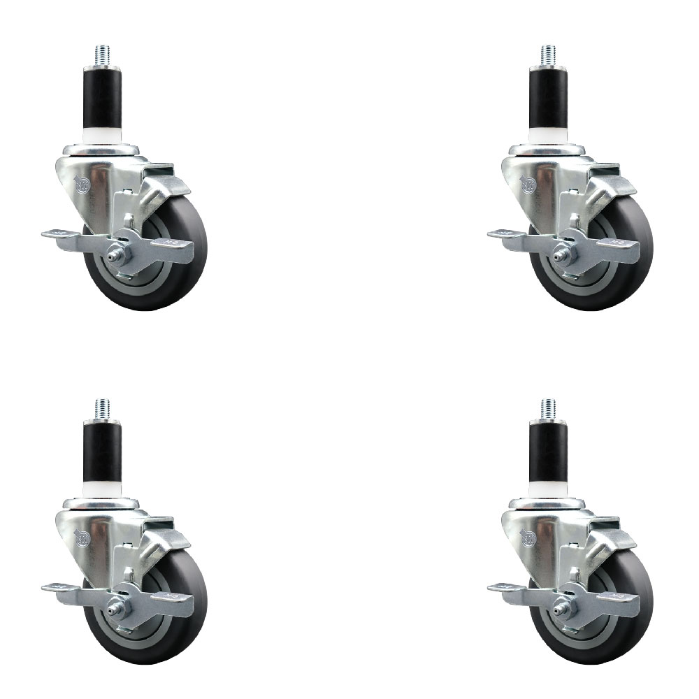 Stainless Steel Thermoplastic Rubber Swivel Expanding Stem Caster Set of 4 with 3.5 Inch Gray Wheels and 1-3/8" Stems-4 Swivel with Top Locking Brakes-230 lbs. Capacity Per Caster-Service Caster Brand — photo 1