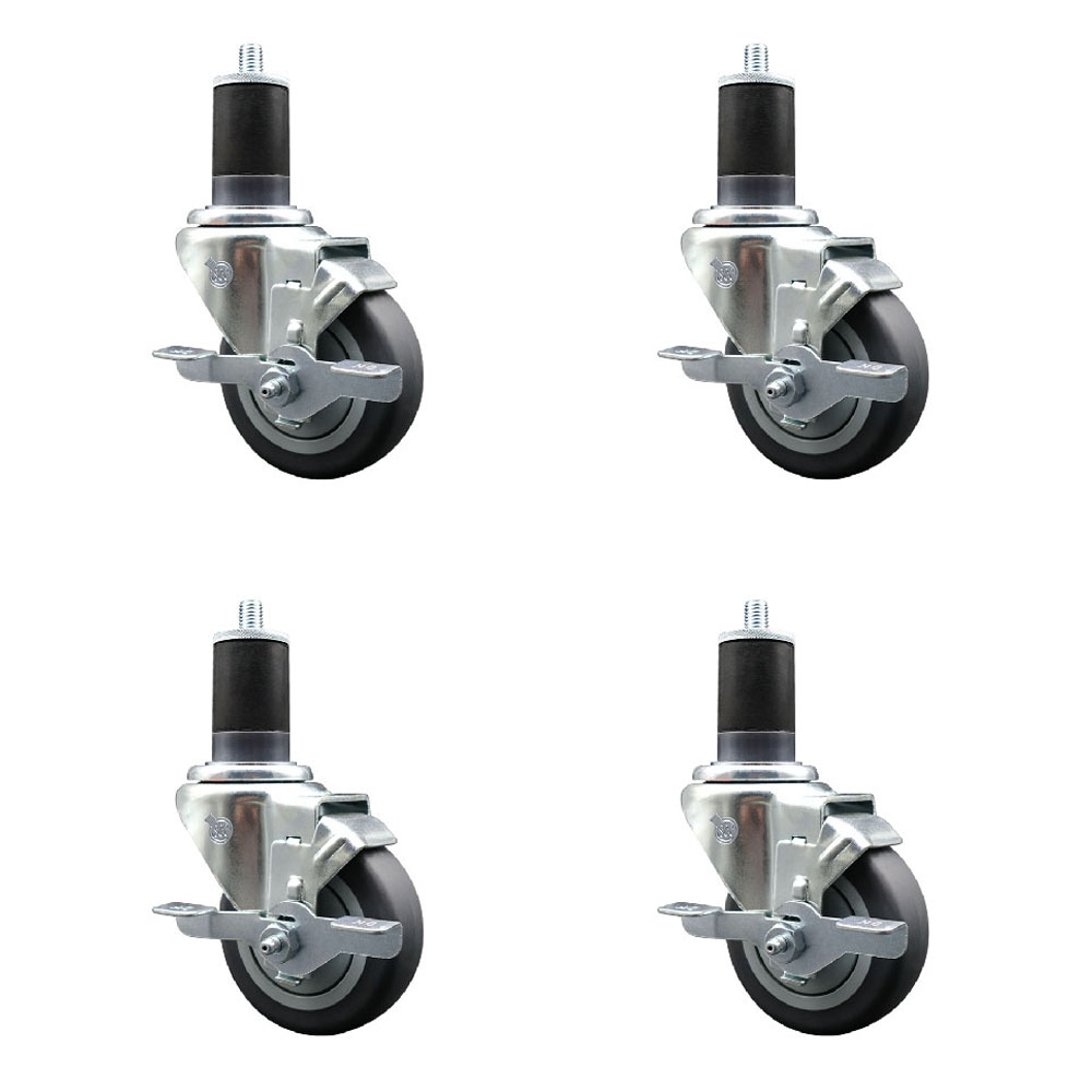 Stainless Steel Thermoplastic Rubber Swivel Expanding Stem Caster Set of 4 with 3.5 Inch Gray Wheels and 1-5/8" Stems-4 Swivel with Top Locking Brakes-230 lbs. Capacity Per Caster-Service Caster Brand — photo 1