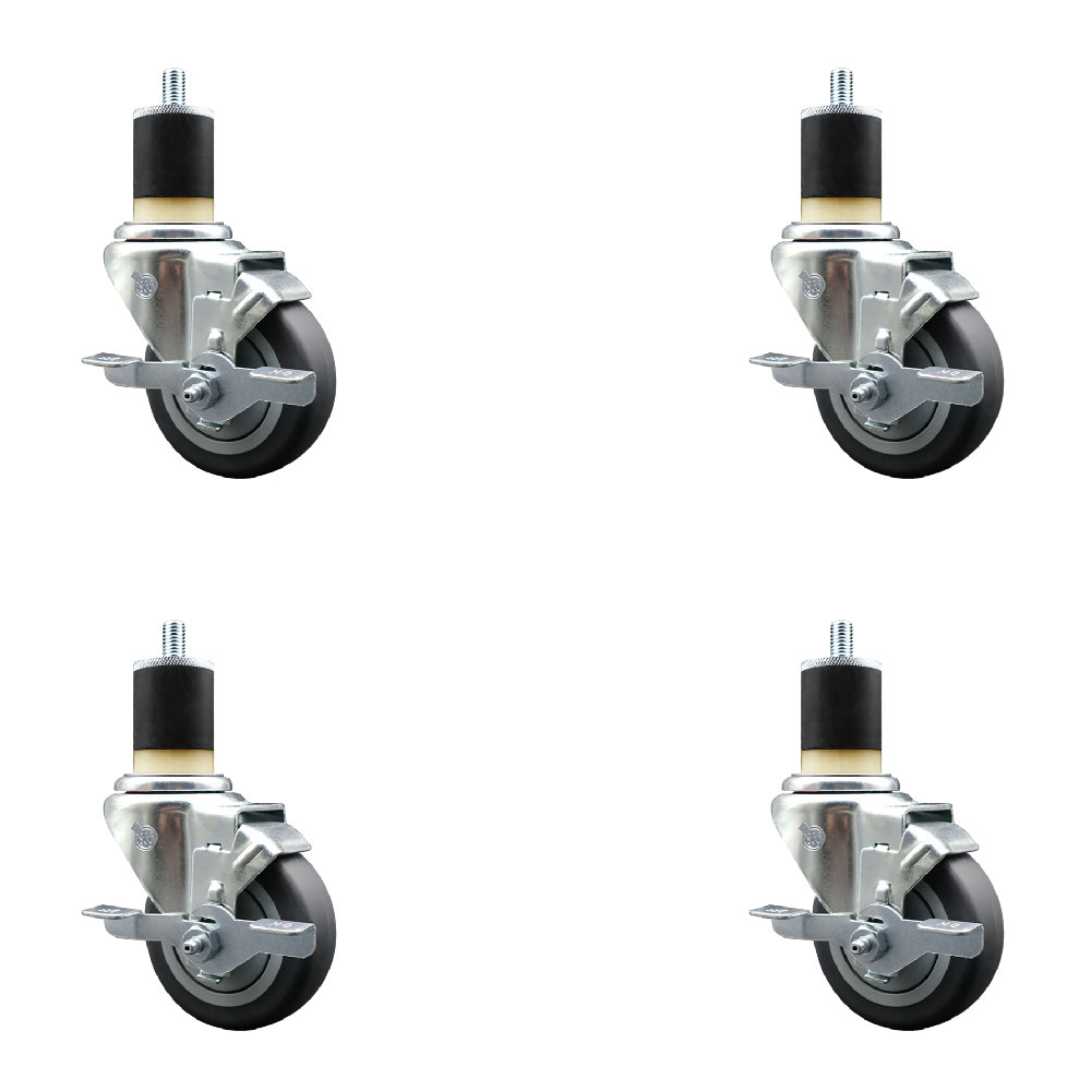 Stainless Steel Thermoplastic Rubber Swivel Expanding Stem Caster Set of 4 with 3.5 Inch Gray Wheels and 1-7/8" Stems-4 Swivel with Top Locking Brakes-230 lbs. Capacity Per Caster-Service Caster Brand — photo 1