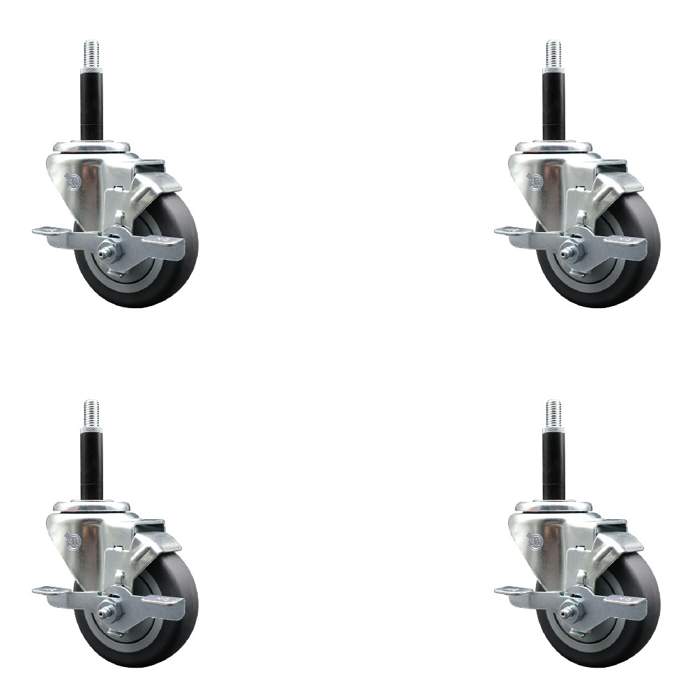 Stainless Steel Thermoplastic Rubber Swivel Expanding Stem Caster Set of 4 with 3.5 Inch Gray Wheels and 3/4" Stems-4 Swivel with Top Locking Brakes-230 lbs. Capacity Per Caster-Service Caster Brand — photo 1