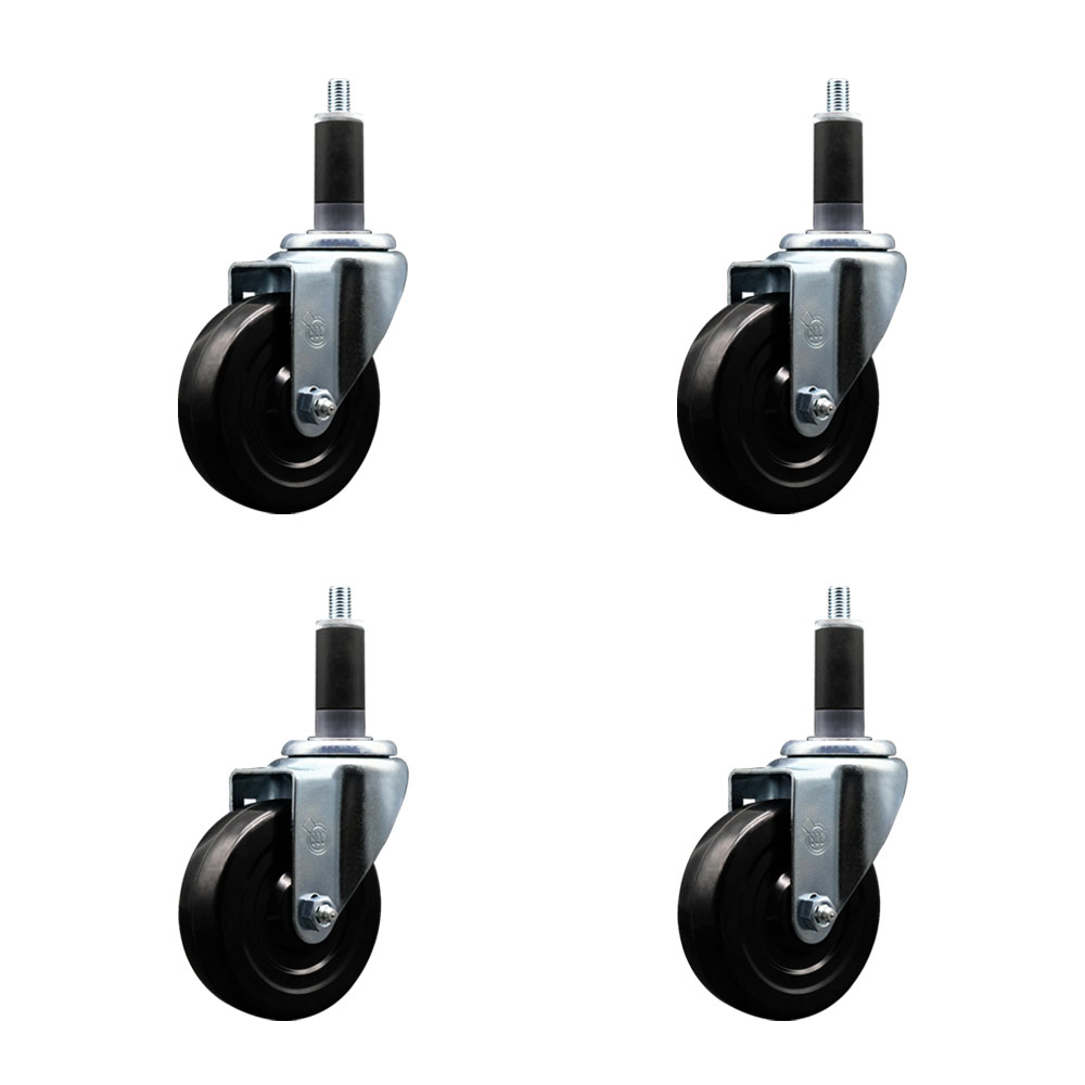 Stainless Steel Soft Rubber Swivel Expanding Stem Caster Set of 4 with 4 Inch Black Wheels and 1-1/8" Stems - Includes 4 Swivel - 200 lbs. Capacity Per Caster - Service Caster Brand — photo 1