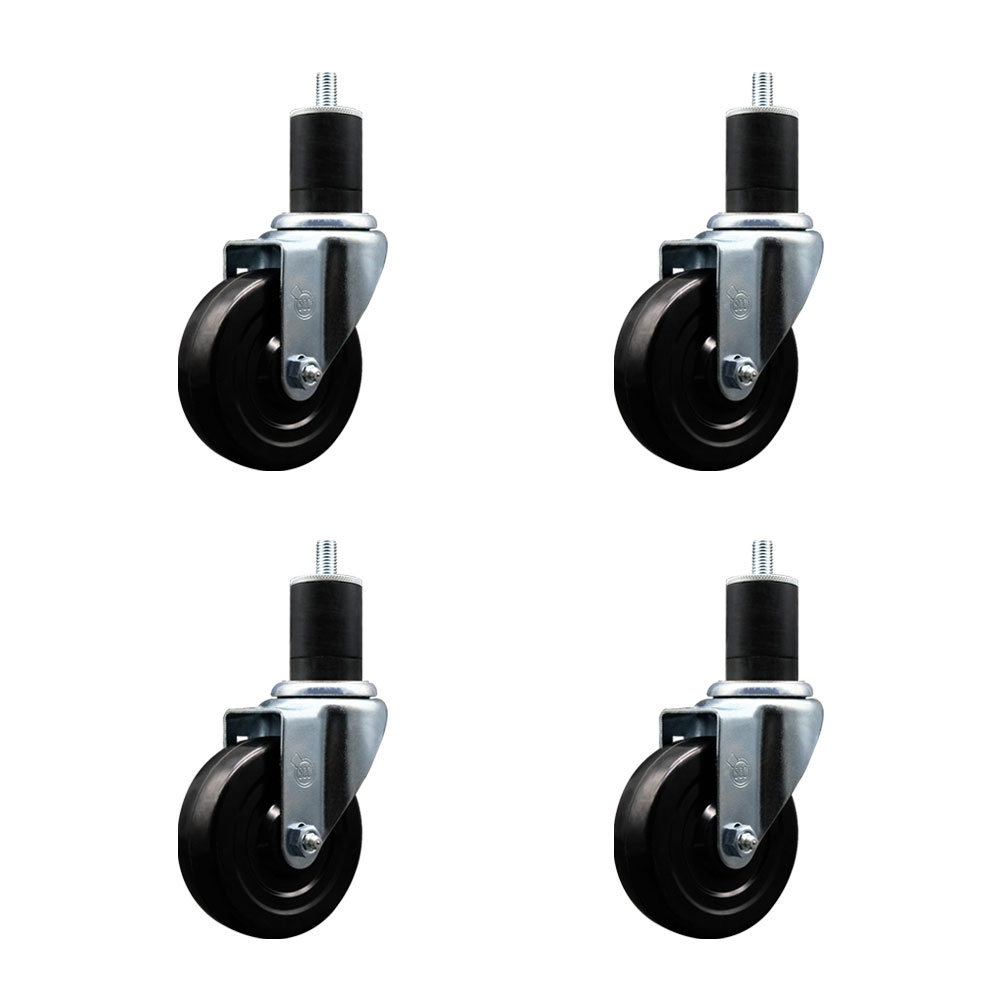 Stainless Steel Soft Rubber Swivel Expanding Stem Caster Set of 4 with 4 Inch Black Wheels and 1-3/4" Stems - Includes 4 Swivel - 200 lbs. Capacity Per Caster - Service Caster Brand — photo 1
