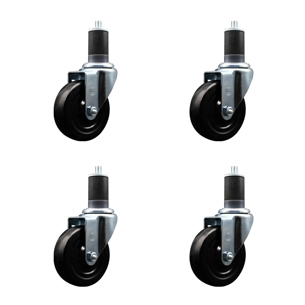 Stainless Steel Soft Rubber Swivel Expanding Stem Caster Set of 4 with 4 Inch Black Wheels and 1-5/8" Stems - Includes 4 Swivel - 200 lbs. Capacity Per Caster - Service Caster Brand — photo 1