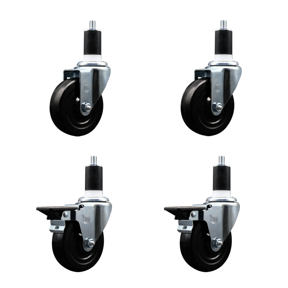Soft Rubber Swivel Expanding Stem Caster Set of 4 with 4 Inch Black Wheels and 1-1/2" Stems - Includes 2 with Posi Locking Brakes - 800 lbs Total Capacity - Service Caster Brand — photo 1