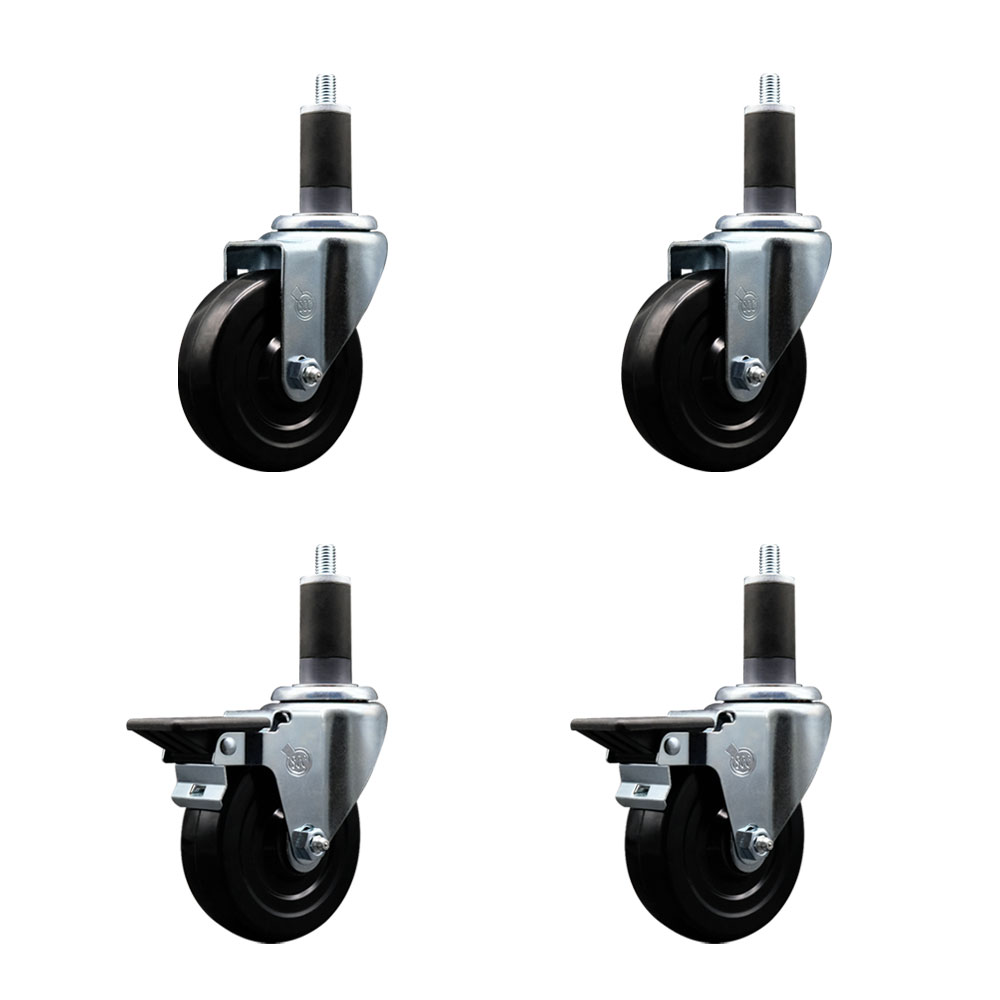 Hard Rubber Swivel Expanding Stem Caster Set of 4 w/4" x 1.25" Black Wheels and 1-1/4" Stems - Includes 2 with Posi Locking Brake - 1200 lbs Total Capacity - Service Caster Brand — photo 1