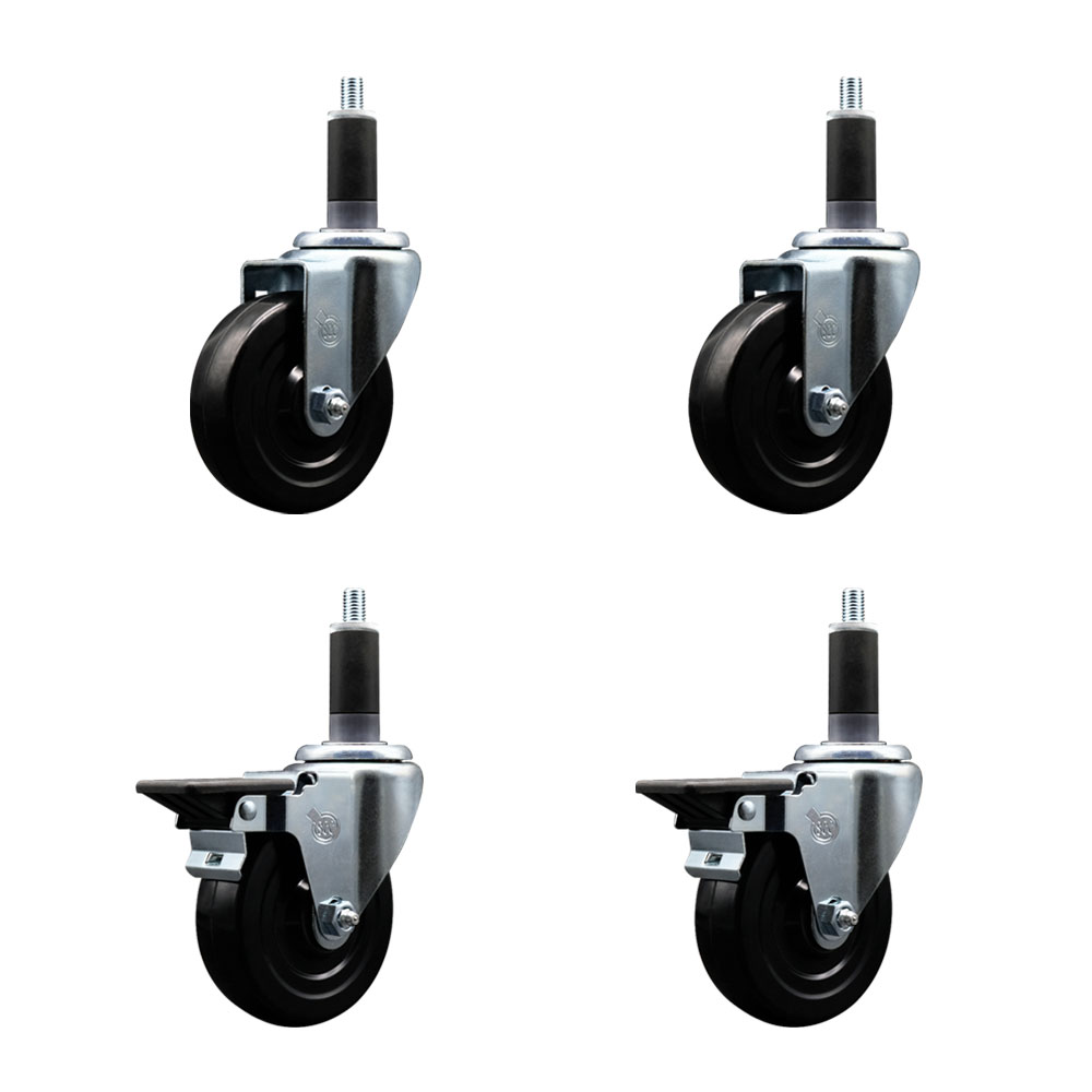 Soft Rubber Swivel Expanding Stem Caster Set of 4 with 4 Inch Black Wheels and 1-1/8" Stems - Includes 2 with Posi Locking Brakes - 800 lbs Total Capacity - Service Caster Brand — photo 1