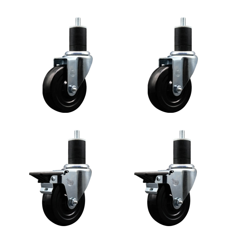 Soft Rubber Swivel Expanding Stem Caster Set of 4 with 4 Inch Black Wheels and 1-3/4" Stems - Includes 2 with Posi Locking Brakes - 800 lbs Total Capacity - Service Caster Brand — photo 1