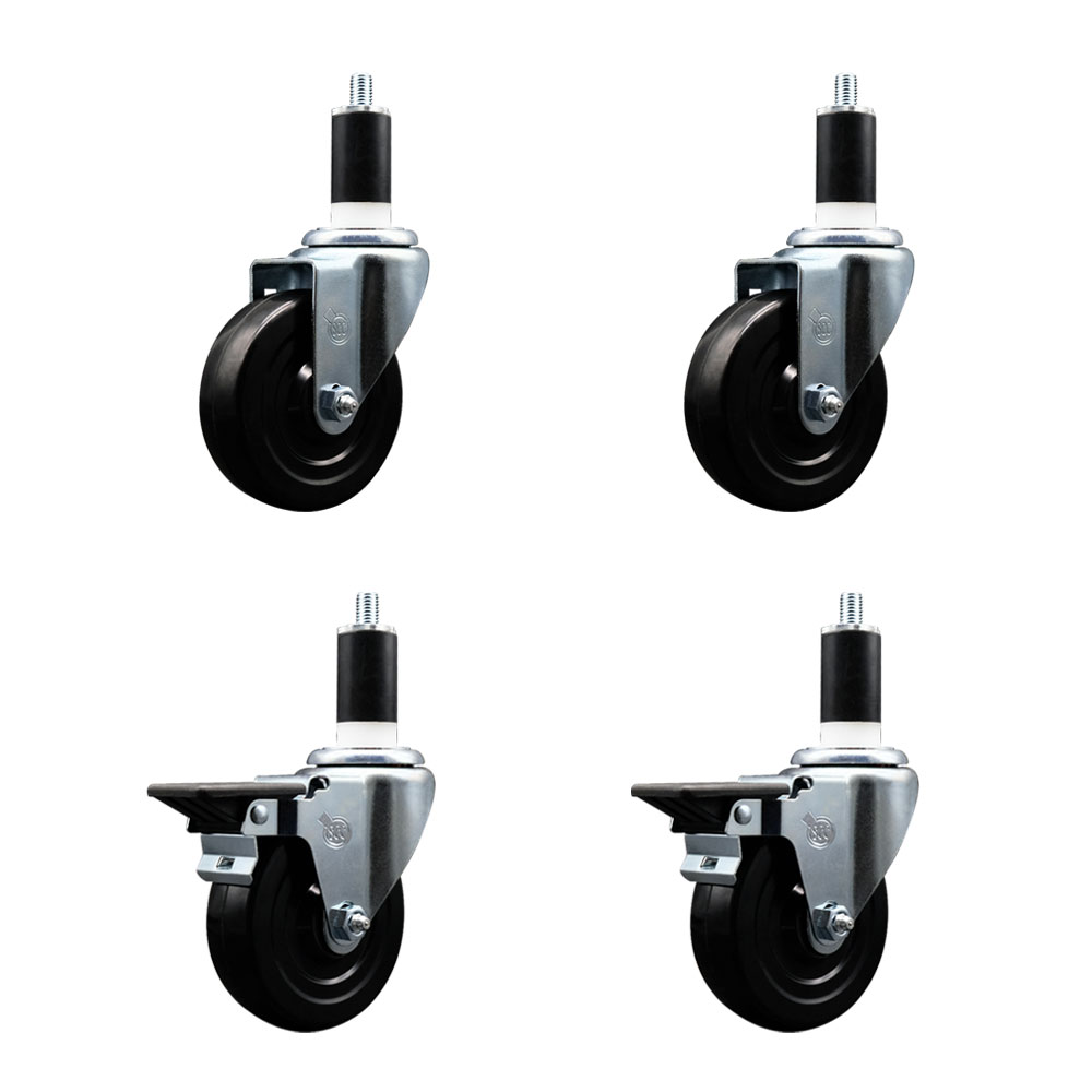 Soft Rubber Swivel Expanding Stem Caster Set of 4 with 4 Inch Black Wheels and 1-3/8" Stems - Includes 2 with Posi Locking Brakes - 800 lbs Total Capacity - Service Caster Brand — photo 1