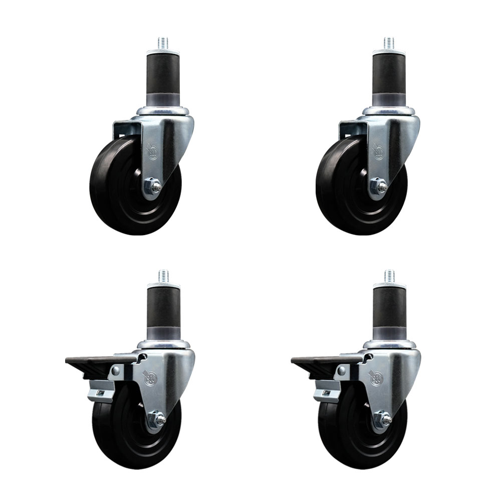 Hard Rubber Swivel Expanding Stem Caster Set of 4 w/4" x 1.25" Black Wheels and 1-5/8" Stems - Includes 2 with Posi Locking Brake - 1200 lbs Total Capacity - Service Caster Brand — photo 1