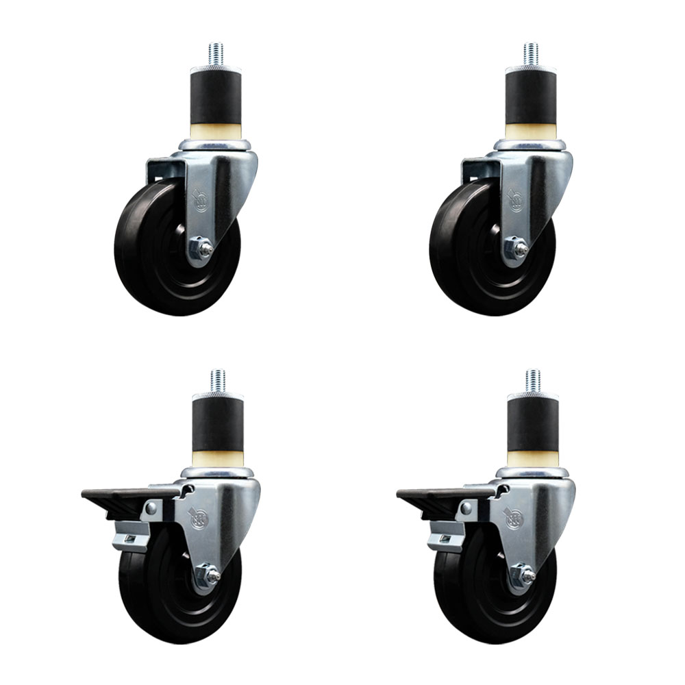 Soft Rubber Swivel Expanding Stem Caster Set of 4 with 4 Inch Black Wheels and 1-7/8" Stems - Includes 2 with Posi Locking Brakes - 800 lbs Total Capacity - Service Caster Brand — photo 1