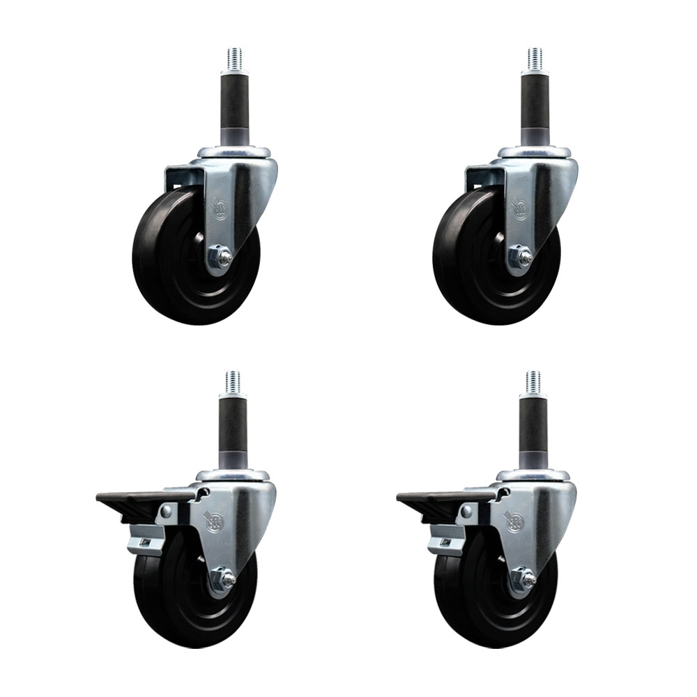 Hard Rubber Swivel Expanding Stem Caster Set of 4 w/4" x 1.25" Black Wheels and 1" Stems - Includes 2 with Posi Locking Brake - 1200 lbs Total Capacity - Service Caster Brand — photo 1