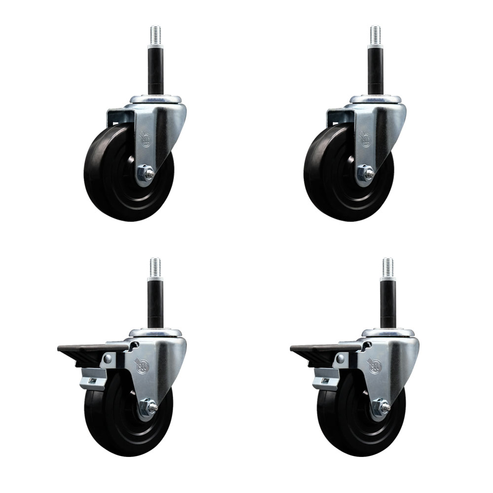 Soft Rubber Swivel Expanding Stem Caster Set of 4 with 4 Inch Black Wheels and 3/4" Stems - Includes 2 with Posi Locking Brakes - 800 lbs Total Capacity - Service Caster Brand — photo 1