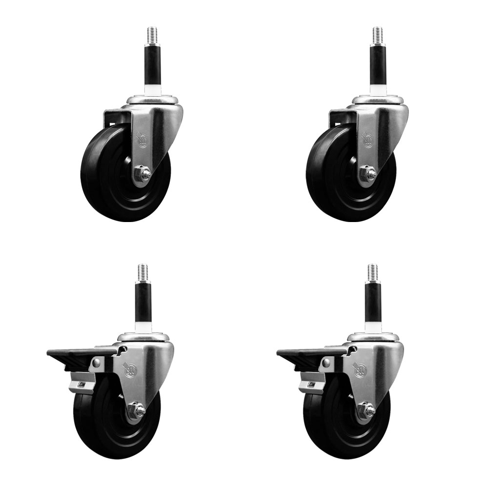 Soft Rubber Swivel Expanding Stem Caster Set of 4 with 4 Inch Black Wheels and 7/8" Stems - Includes 2 with Posi Locking Brakes - 800 lbs Total Capacity - Service Caster Brand — photo 1