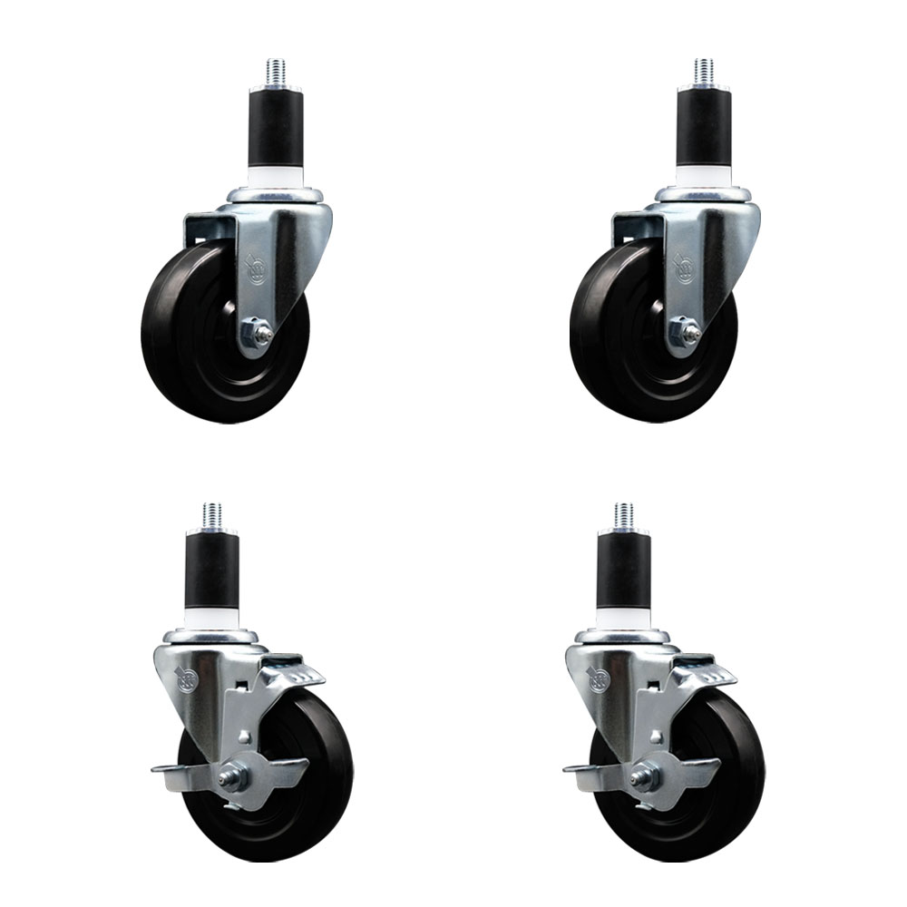 Stainless Steel Hard Rubber Swivel Expanding Stem Caster Set of 4 w/4" x 1.25" Black Wheels and 1-1/2" Stems - Includes 2 with Top Locking Brake - 1200 lbs Total Capacity - Service Caster Brand — photo 1