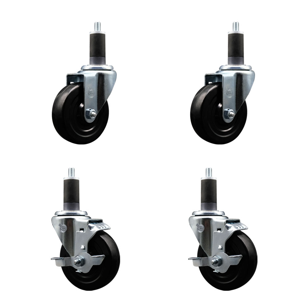 Stainless Steel Hard Rubber Swivel Expanding Stem Caster Set of 4 w/4" x 1.25" Black Wheels and 1-1/4" Stems - Includes 2 with Top Locking Brake - 1200 lbs Total Capacity - Service Caster Brand — photo 1