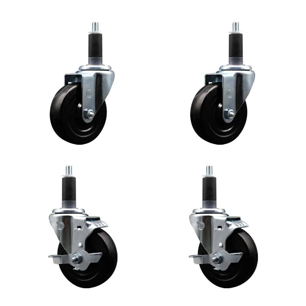 Stainless Steel Hard Rubber Swivel Expanding Stem Caster Set of 4 w/4" x 1.25" Black Wheels and 1-1/8" Stems - Includes 2 with Top Locking Brake - 1200 lbs Total Capacity - Service Caster Brand — photo 1