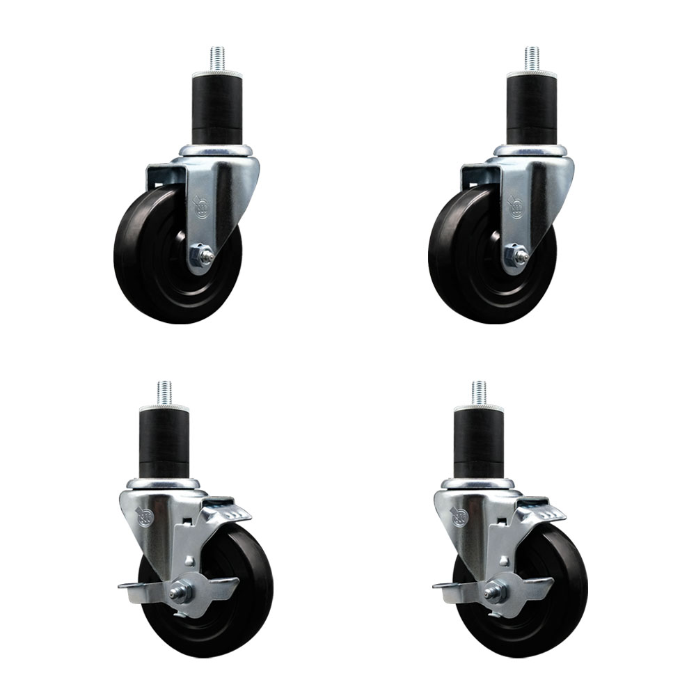 Stainless Steel Soft Rubber Swivel Expanding Stem Caster Set of 4 with 4 Inch Black Wheels and 1-3/4" Stems - Includes 2 with Top Locking Brakes - 800 lbs Total Capacity - Service Caster Brand — photo 1