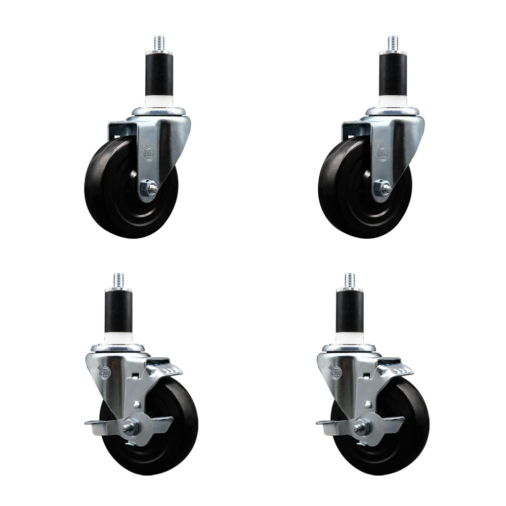 Stainless Steel Soft Rubber Swivel Expanding Stem Caster Set of 4 with 4 Inch Black Wheels and 1-3/8" Stems - Includes 2 with Top Locking Brakes - 800 lbs Total Capacity - Service Caster Brand — photo 1
