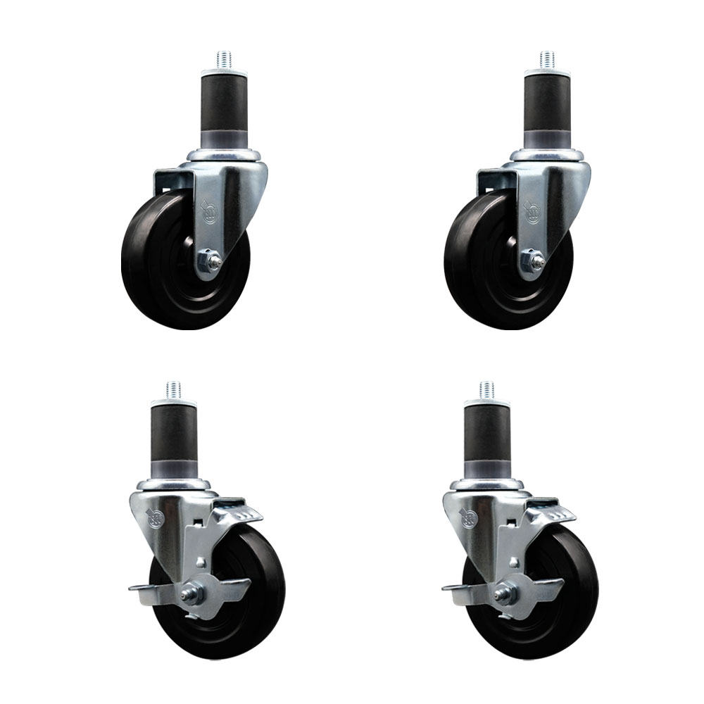 Soft Rubber Swivel Expanding Stem Caster Set of 4 with 4 Inch Black Wheels and 1-5/8" Stems - Includes 2 with Top Locking Brakes - 800 lbs Total Capacity - Service Caster Brand — photo 1