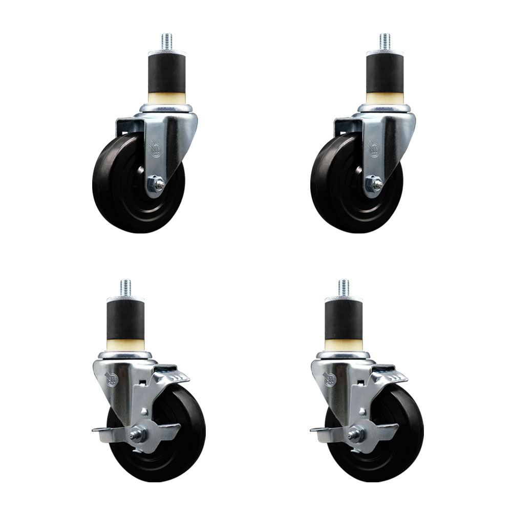 Soft Rubber Swivel Expanding Stem Caster Set of 4 with 4 Inch Black Wheels and 1-7/8" Stems - Includes 2 with Top Locking Brakes - 800 lbs Total Capacity - Service Caster Brand — photo 1