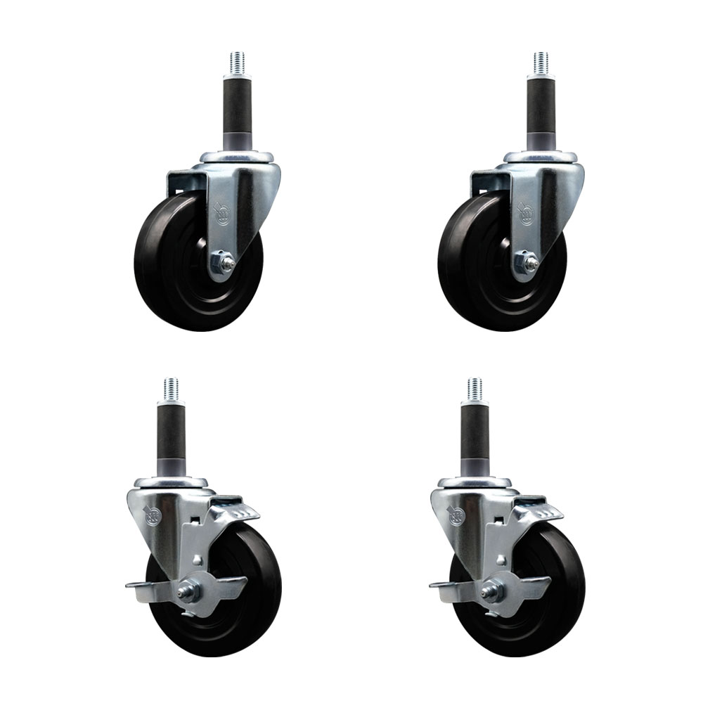 Stainless Steel Soft Rubber Swivel Expanding Stem Caster Set of 4 with 4 Inch Black Wheels and 1" Stems - Includes 2 with Top Locking Brakes - 800 lbs Total Capacity - Service Caster Brand — photo 1