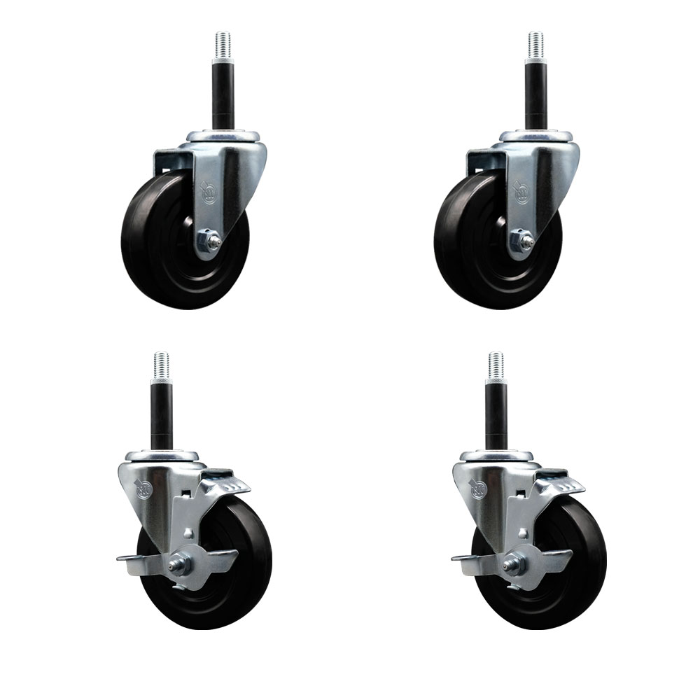 Stainless Steel Soft Rubber Swivel Expanding Stem Caster Set of 4 with 4 Inch Black Wheels and 3/4" Stems - Includes 2 with Top Locking Brakes - 800 lbs Total Capacity - Service Caster Brand — photo 1