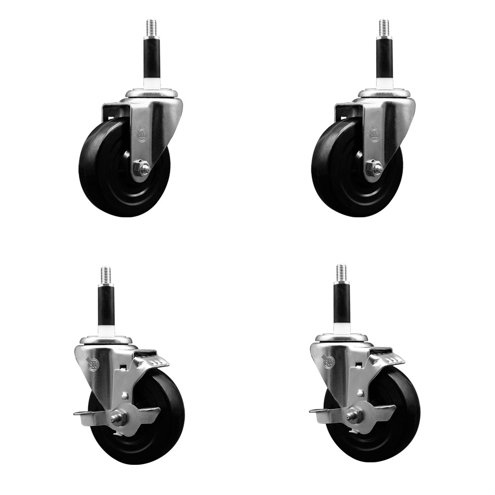 Soft Rubber Swivel Expanding Stem Caster Set of 4 with 4 Inch Black Wheels and 7/8" Stems - Includes 2 with Top Locking Brakes - 800 lbs Total Capacity - Service Caster Brand — photo 1
