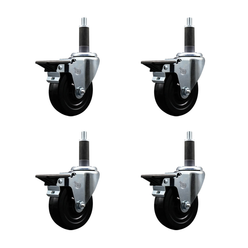 Soft Rubber Swivel Expanding Stem Caster Set of 4 with 4 Inch Black Wheels and 1" Stems - Includes 4 Swivel with Posi Locking Brakes - 200 lbs. Capacity Per Caster - Service Caster Brand — photo 1