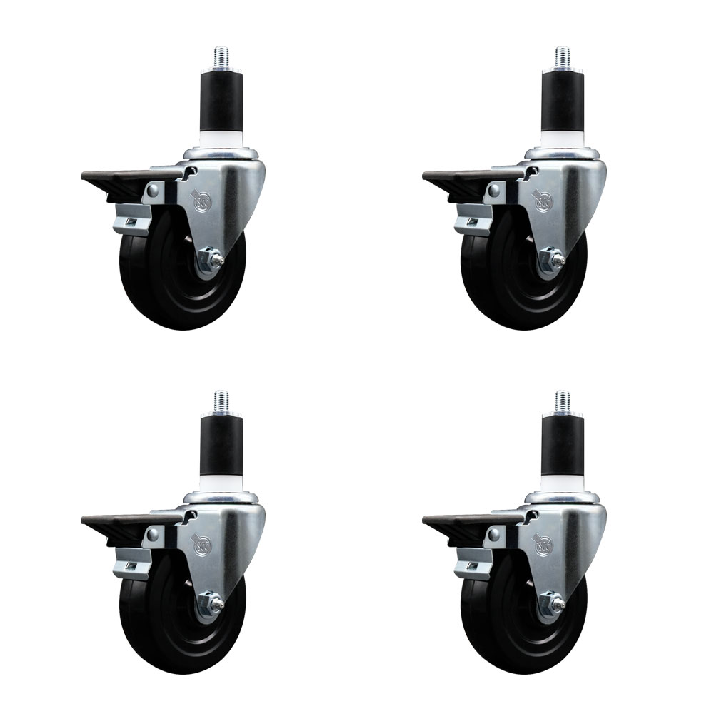 Hard Rubber Swivel Expanding Stem Caster Set of 4 w/4" x 1.25" Black Wheels and 1-1/2" Stems - Includes 4 with Posi Lock Brakes - 1200 lbs Total Capacity - Service Caster Brand — photo 1