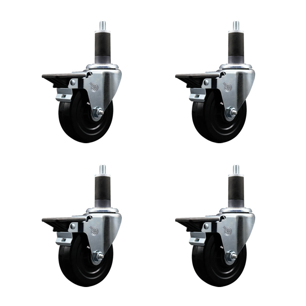 Soft Rubber Swivel Expanding Stem Caster Set of 4 with 4 Inch Black Wheels and 1-1/4" Stems - Includes 4 Swivel with Posi Locking Brakes - 200 lbs. Capacity Per Caster - Service Caster Brand — photo 1