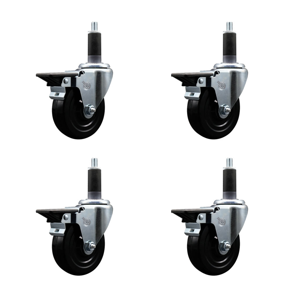 Soft Rubber Swivel Expanding Stem Caster Set of 4 with 4 Inch Black Wheels and 1-1/8" Stems - Includes 4 Swivel with Posi Locking Brakes - 200 lbs. Capacity Per Caster - Service Caster Brand — photo 1
