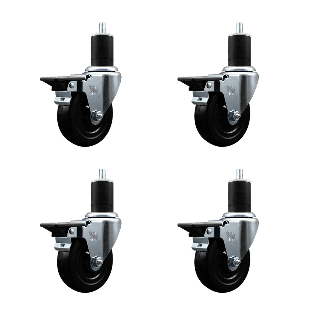 Soft Rubber Swivel Expanding Stem Caster Set of 4 with 4 Inch Black Wheels and 1-3/4" Stems - Includes 4 Swivel with Posi Locking Brakes - 200 lbs. Capacity Per Caster - Service Caster Brand — photo 1