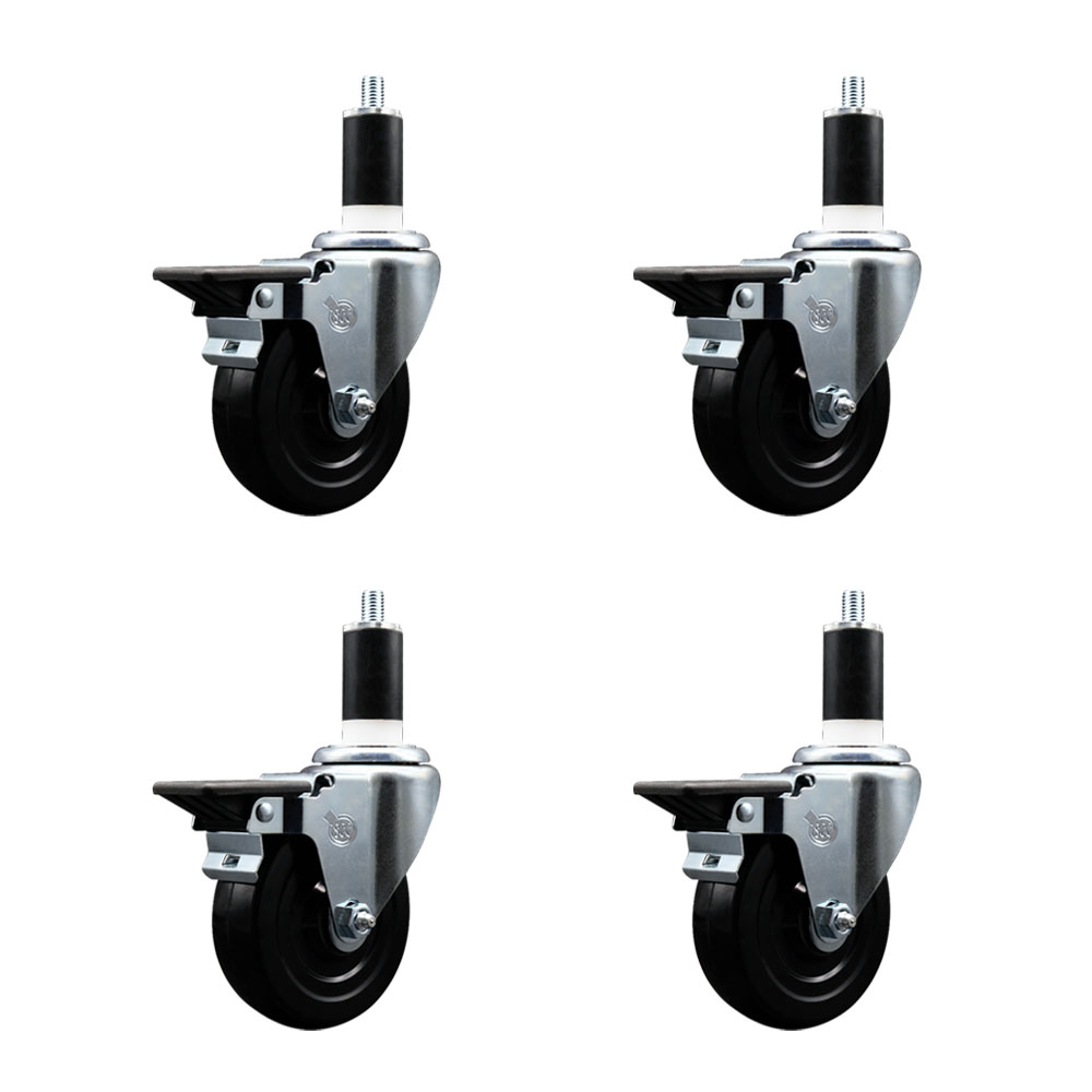 Soft Rubber Swivel Expanding Stem Caster Set of 4 with 4 Inch Black Wheels and 1-3/8" Stems - Includes 4 Swivel with Posi Locking Brakes - 200 lbs. Capacity Per Caster - Service Caster Brand — photo 1