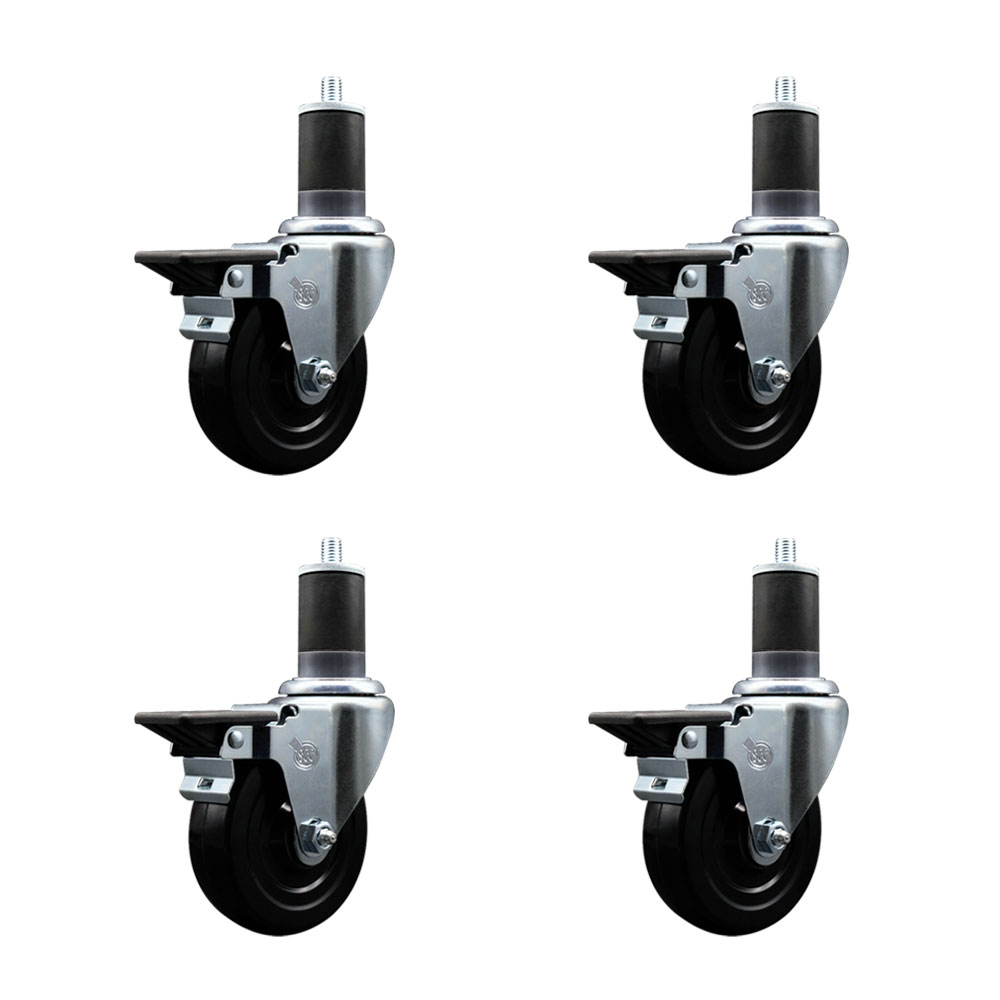 Soft Rubber Swivel Expanding Stem Caster Set of 4 with 4 Inch Black Wheels and 1-5/8" Stems - Includes 4 Swivel with Posi Locking Brakes - 200 lbs. Capacity Per Caster - Service Caster Brand — photo 1