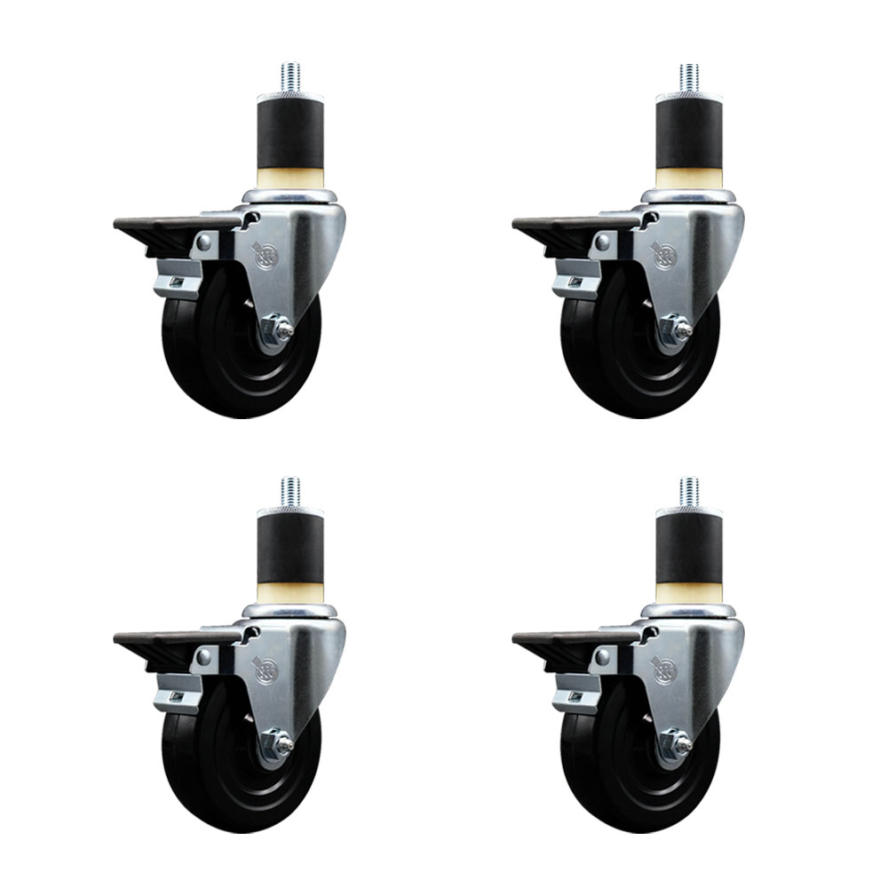 Hard Rubber Swivel Expanding Stem Caster Set of 4 w/4" x 1.25" Black Wheels and 1-7/8" Stems - Includes 4 with Posi Lock Brakes - 1200 lbs Total Capacity - Service Caster Brand — photo 1