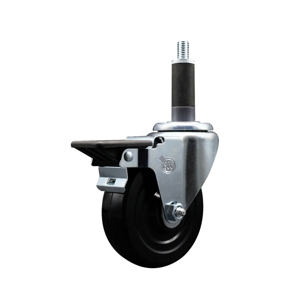 Soft Rubber Expanding Stem Swivel Caster with 4 Inch Black Wheel and 1" Stem & Posi Locking Brake - 200 lbs. Capacity Per Caster - Service Caster Brand — photo 1